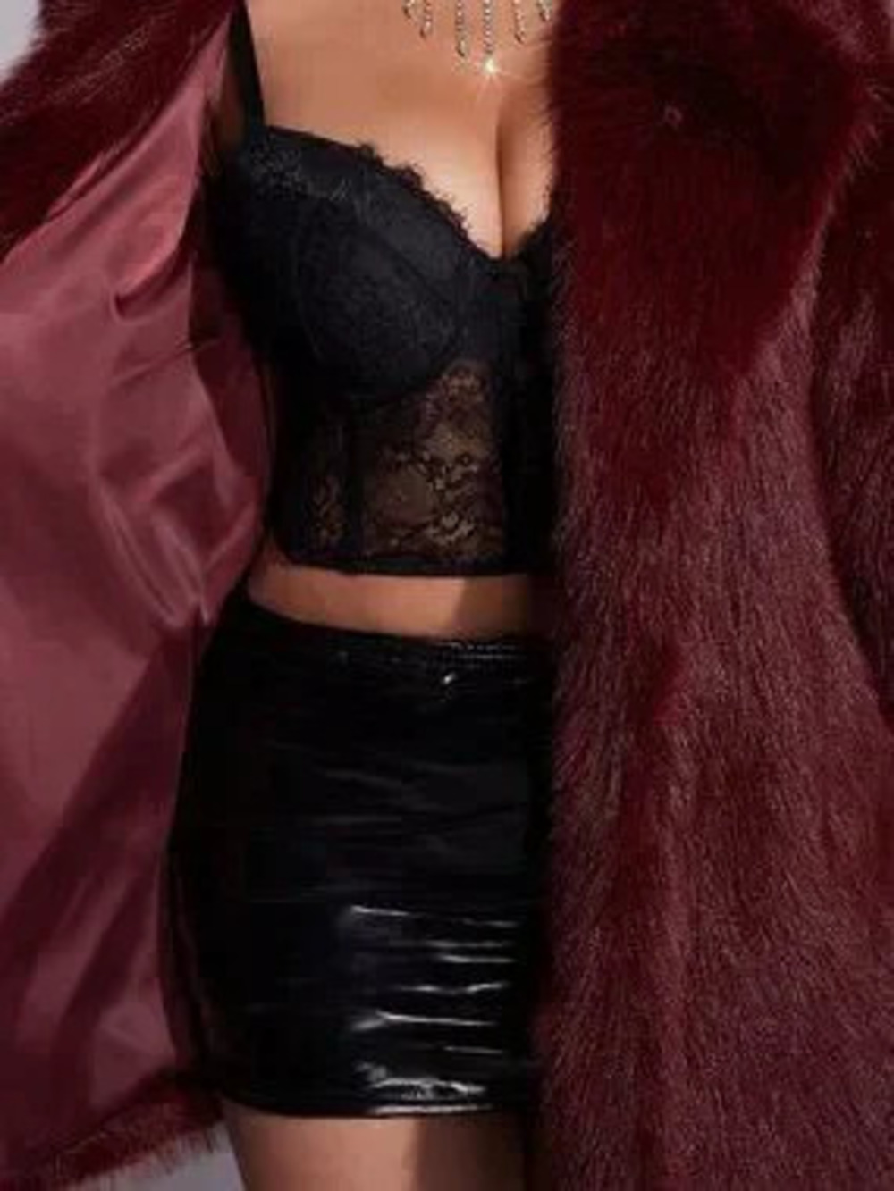 Burgundy Casual Women's Loose Mid-Length Faux Fur Coat